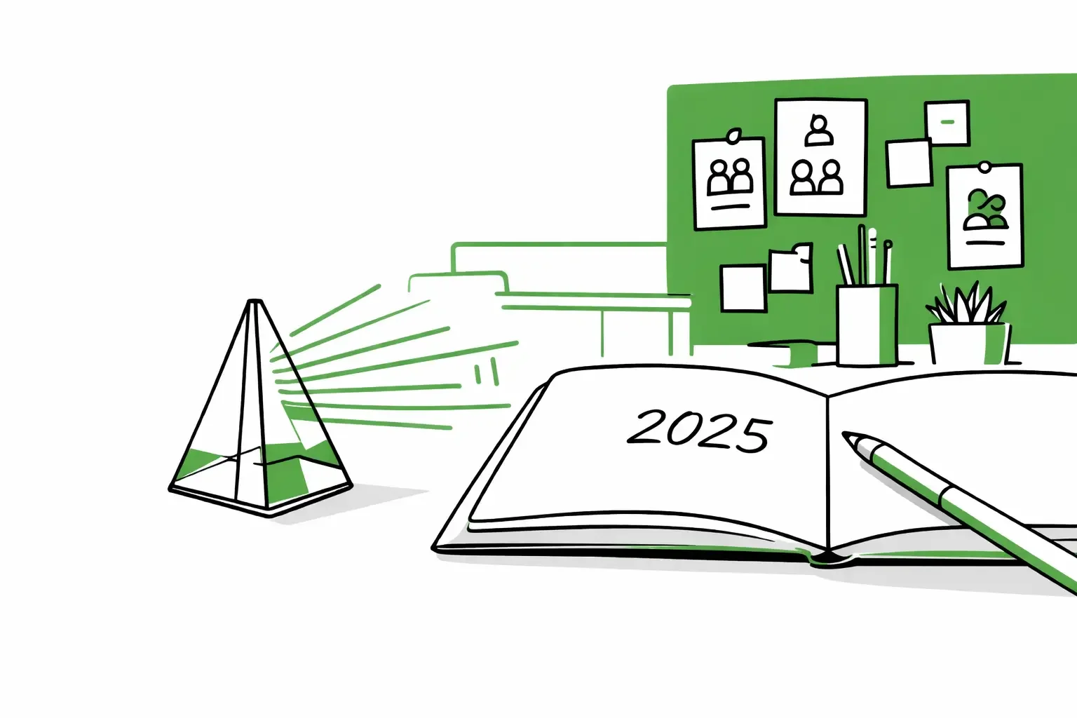 Line drawing of a glass prism casting green rays over a desk, beside an open notebook with 2025 written on the page.