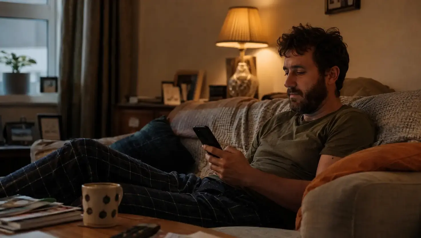 A man sits on a sofa in a warmly lit living room in the evening, absorbed in scrolling on his phone.