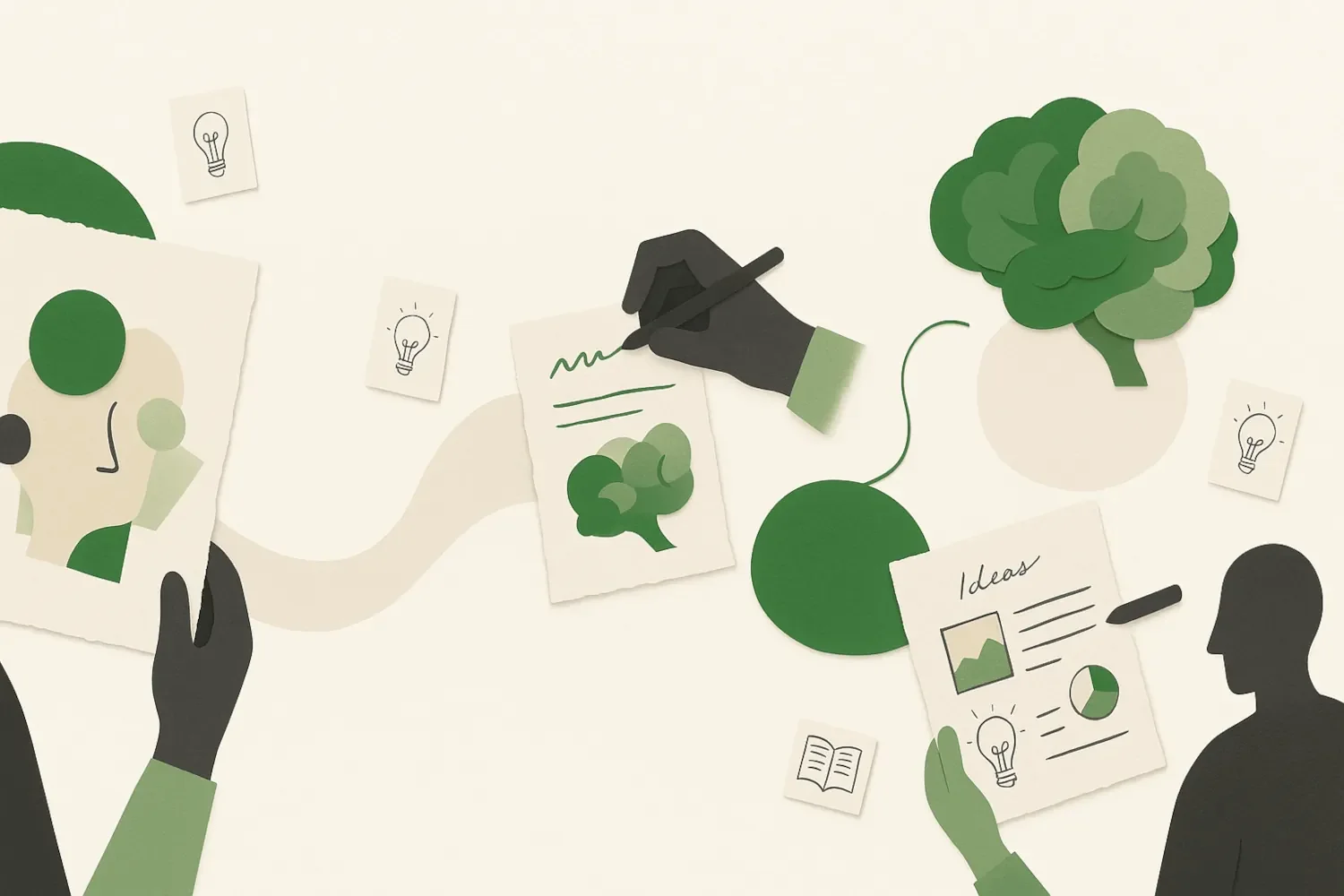 Paper collage in green and cream of hands passing sketches, a paper brain and an ideas sheet between two figures.
