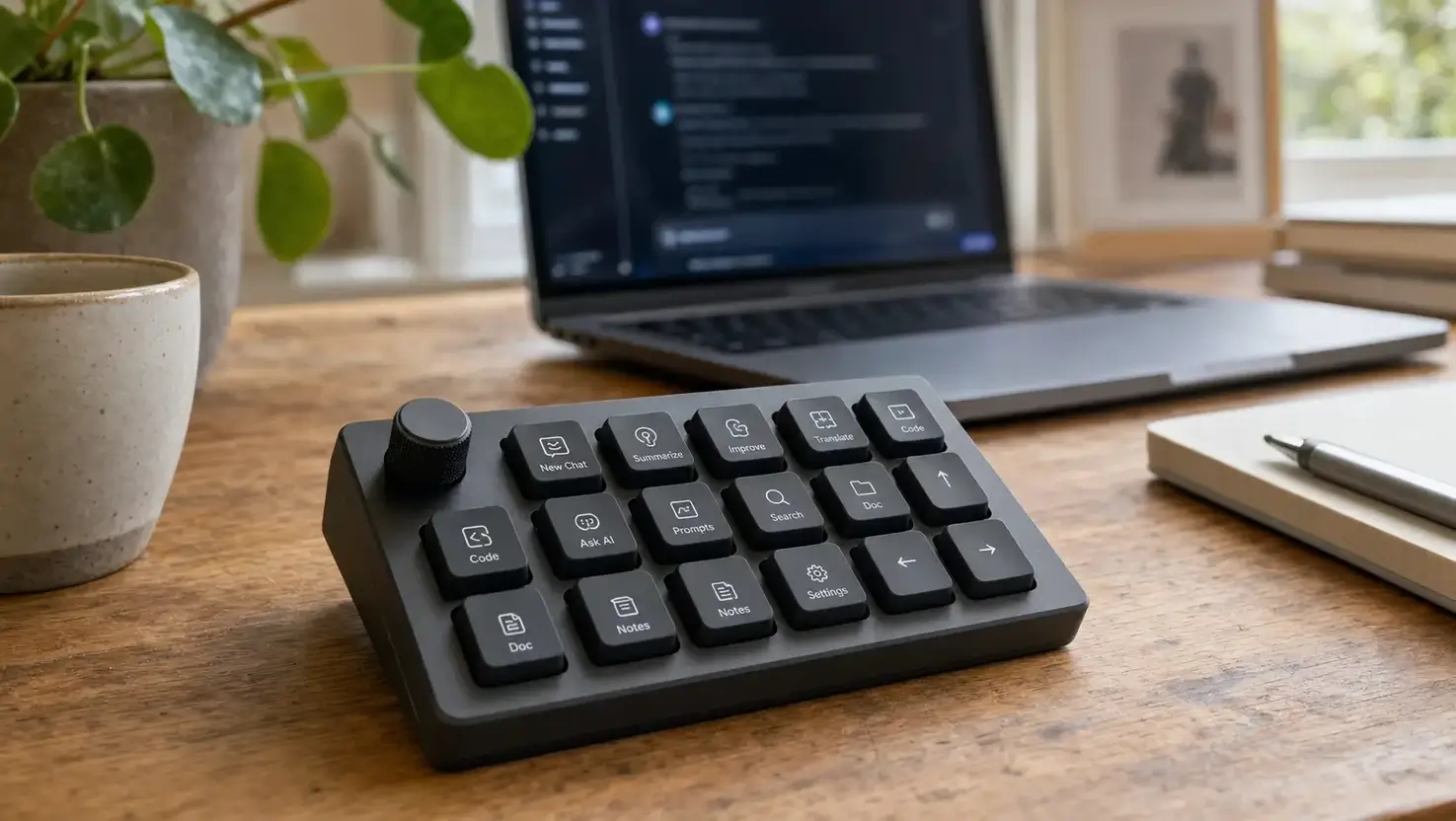 A matte black mechanical macro pad with text-labelled keys and a rotary dial on a wooden desk beside an open laptop, with a mug, notebook and plant nearby.