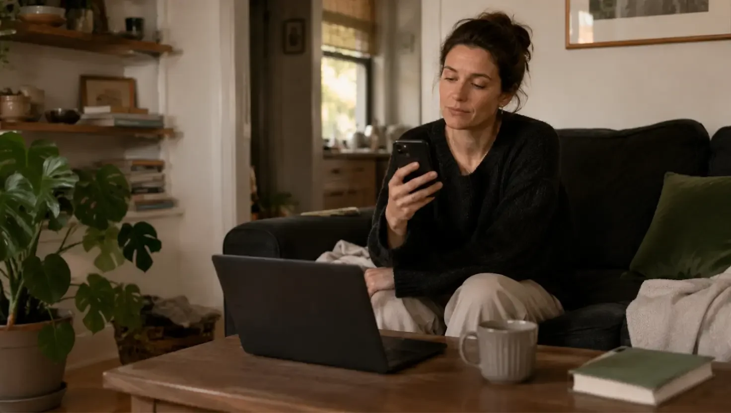 Woman on a sofa at home checking her phone, laptop open on the coffee table beside a mug and a book.