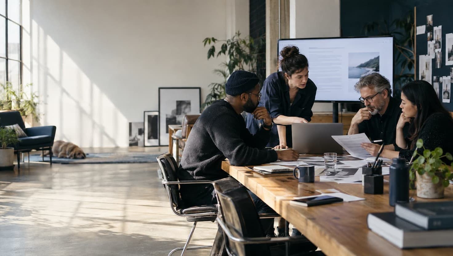 A team gathered around a wooden table in a bright studio, reviewing documents together while a laptop and wall screen show related material