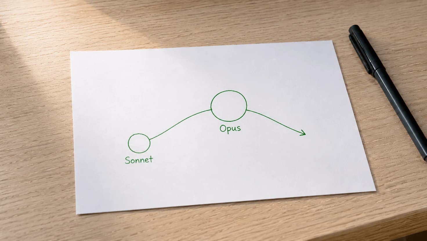 Hand-drawn diagram in green pen on a sheet of paper, a small circle labelled Sonnet connected by a line to a larger circle labelled Opus, on a wooden desk beside a pen.
