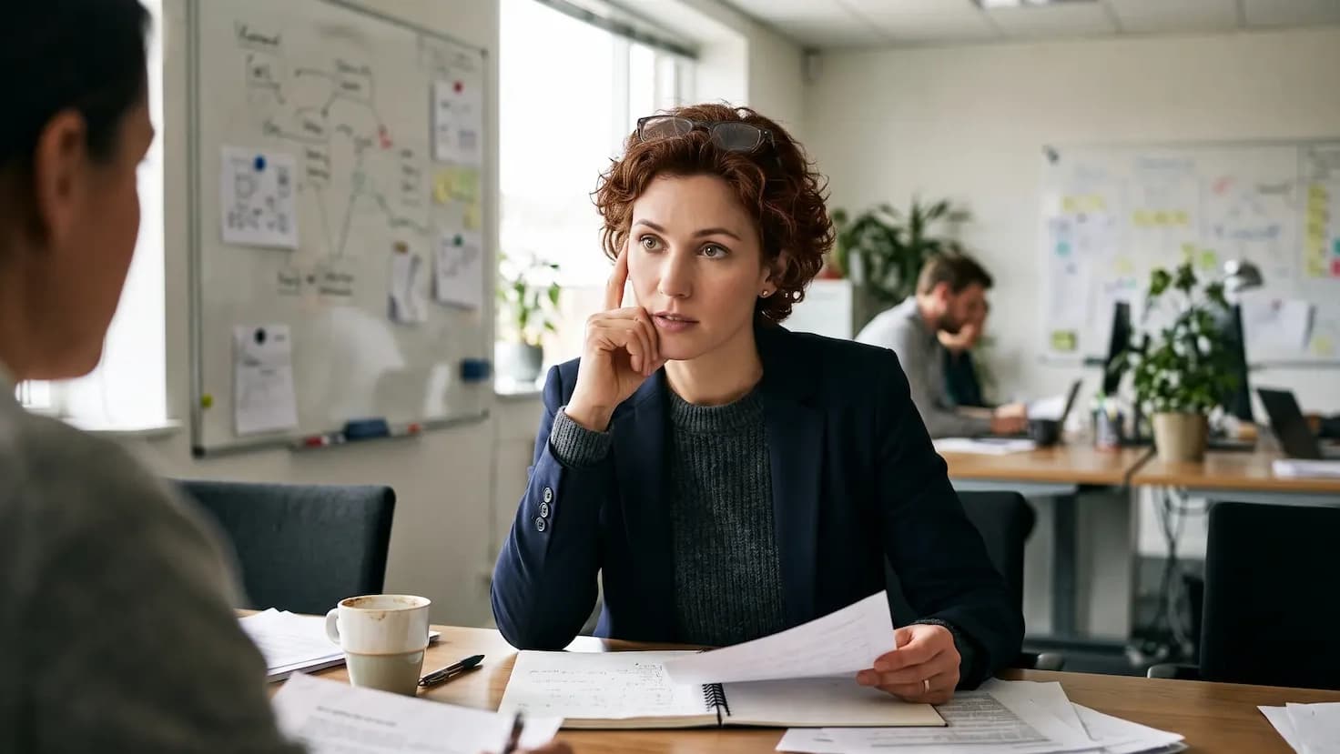 A woman sits at a desk reviewing papers during a conversation, her expression thoughtful and questioning.