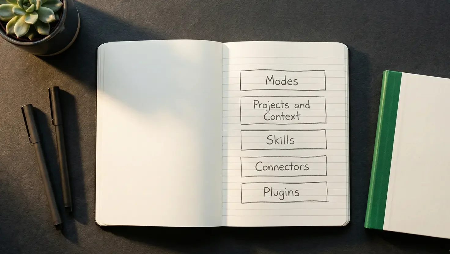 Open notebook with hand-drawn boxes labelled Modes, Projects and Context, Skills, Connectors and Plugins.