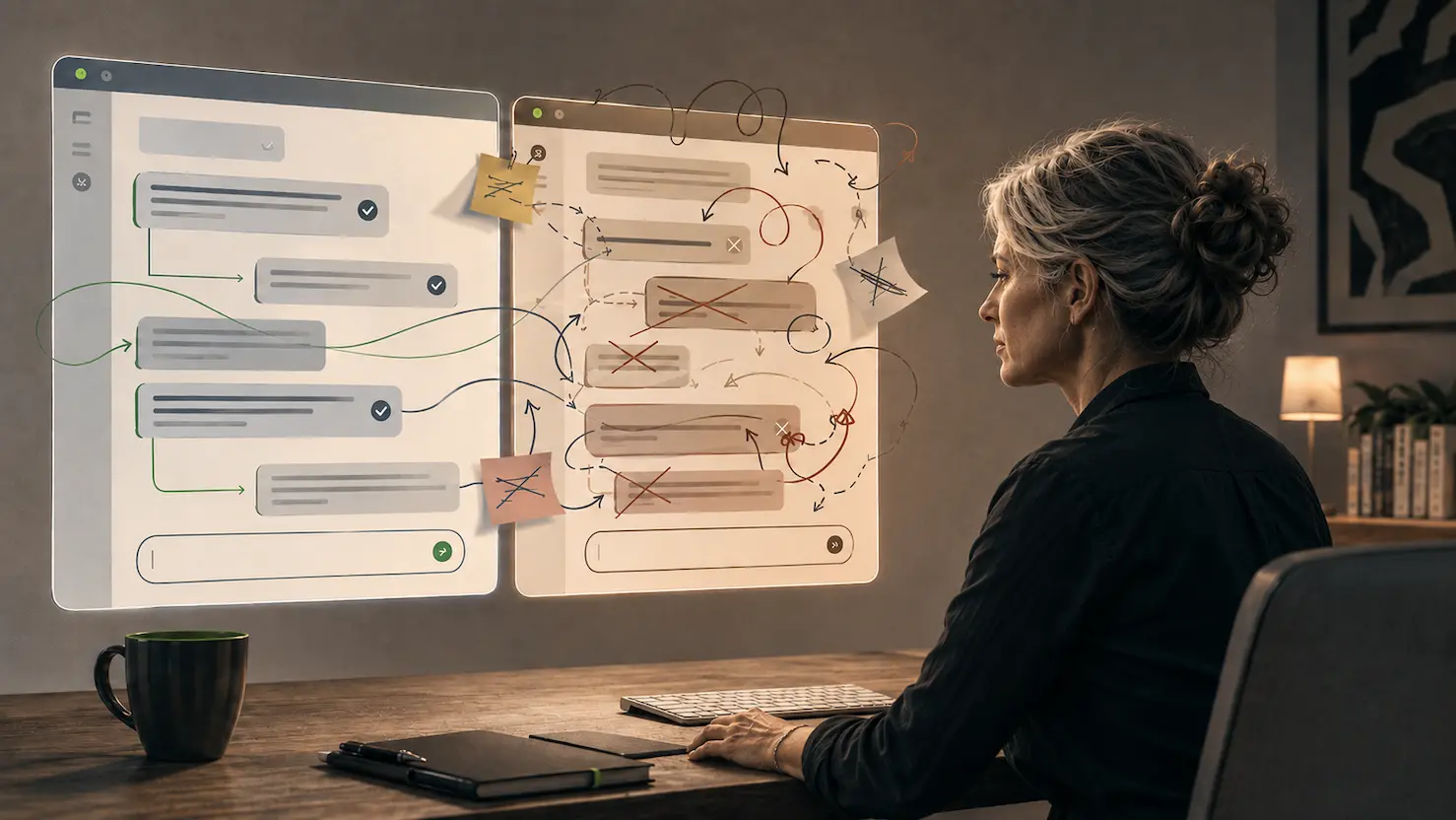 A woman at a desk studying two side-by-side chat interfaces, one clean and orderly, the other overwritten with crossed-out corrections and looping annotations