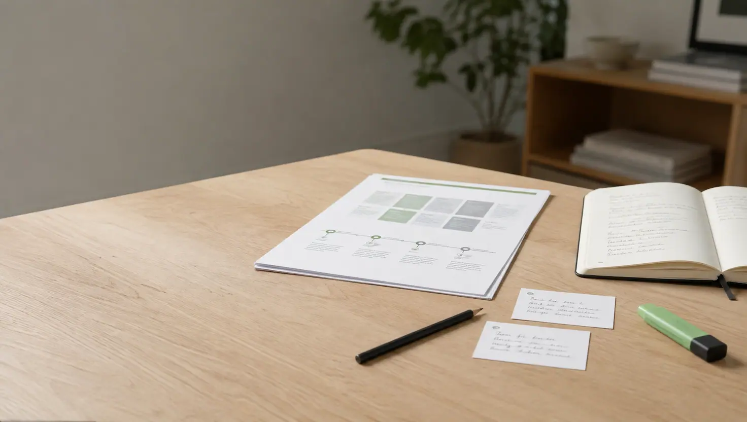 A printed brand strategy document and timeline diagram on a wooden desk, alongside a handwritten notebook, pencil and highlighter