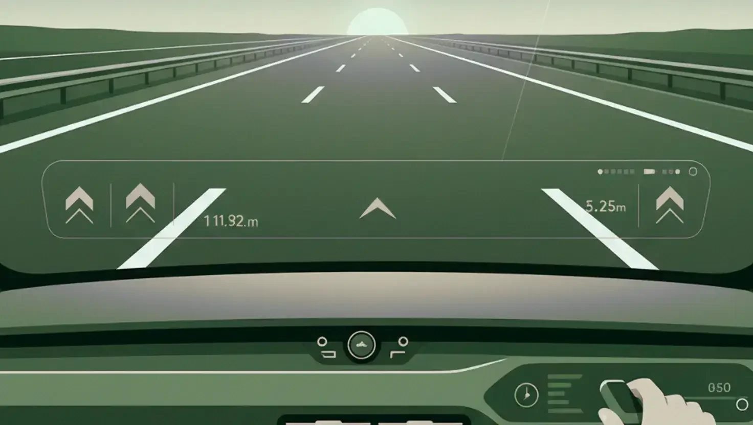Flat green illustration of a motorway seen through a windscreen, head-up display arrows and distances overlaid.