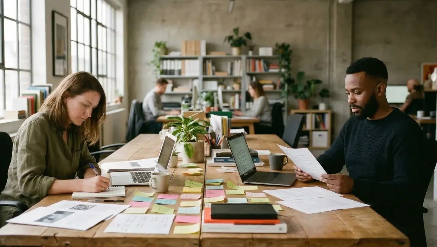 Two colleagues at a wooden studio table covered in sticky notes and laptops, one writing and one reading a printout.