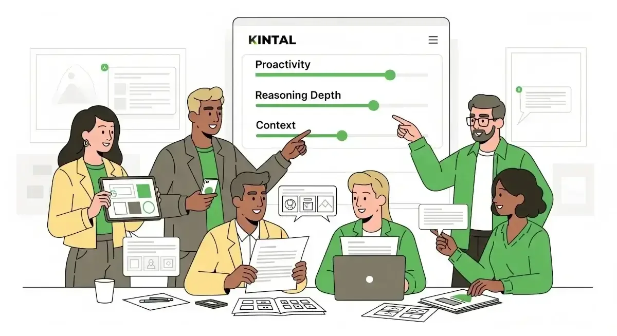 Illustrated team around a KINTAL panel with sliders for proactivity, reasoning depth and context, two people pointing.