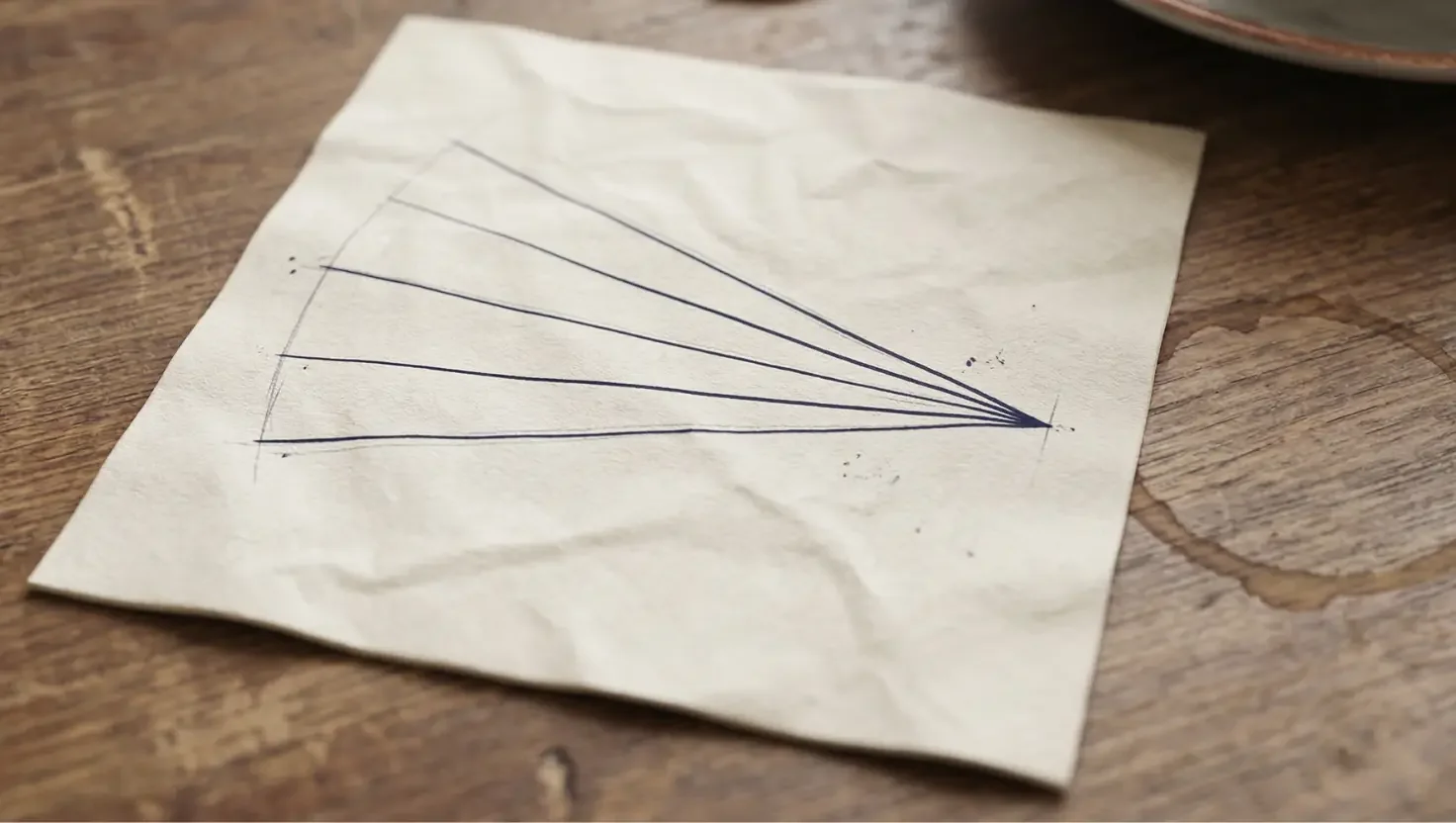 Ink fan of straight lines converging to a point, drawn on a crumpled napkin on a wooden table.