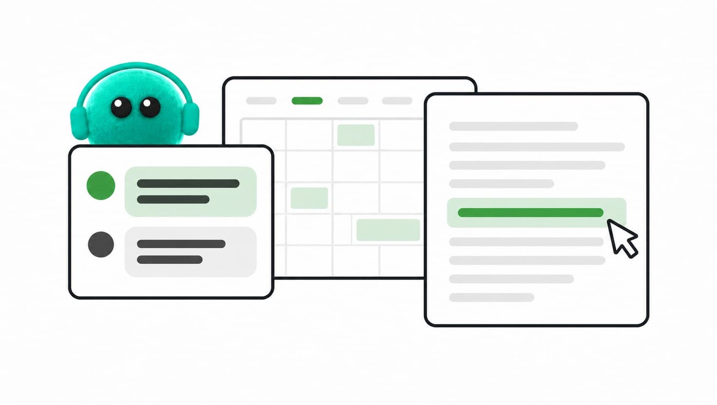 Flat illustration of three overlapping app windows showing messages, a calendar and a document with one line highlighted in green, with a fluffy teal character in headphones peeking over the top.