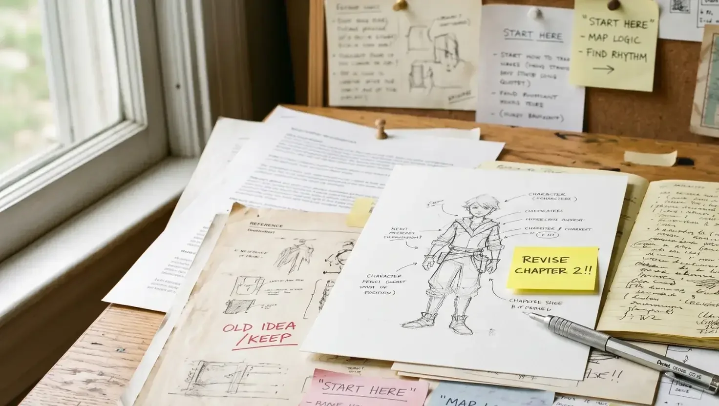Desk covered in annotated character sketches, notes and reminders, including a sticky note reading revise chapter 2.