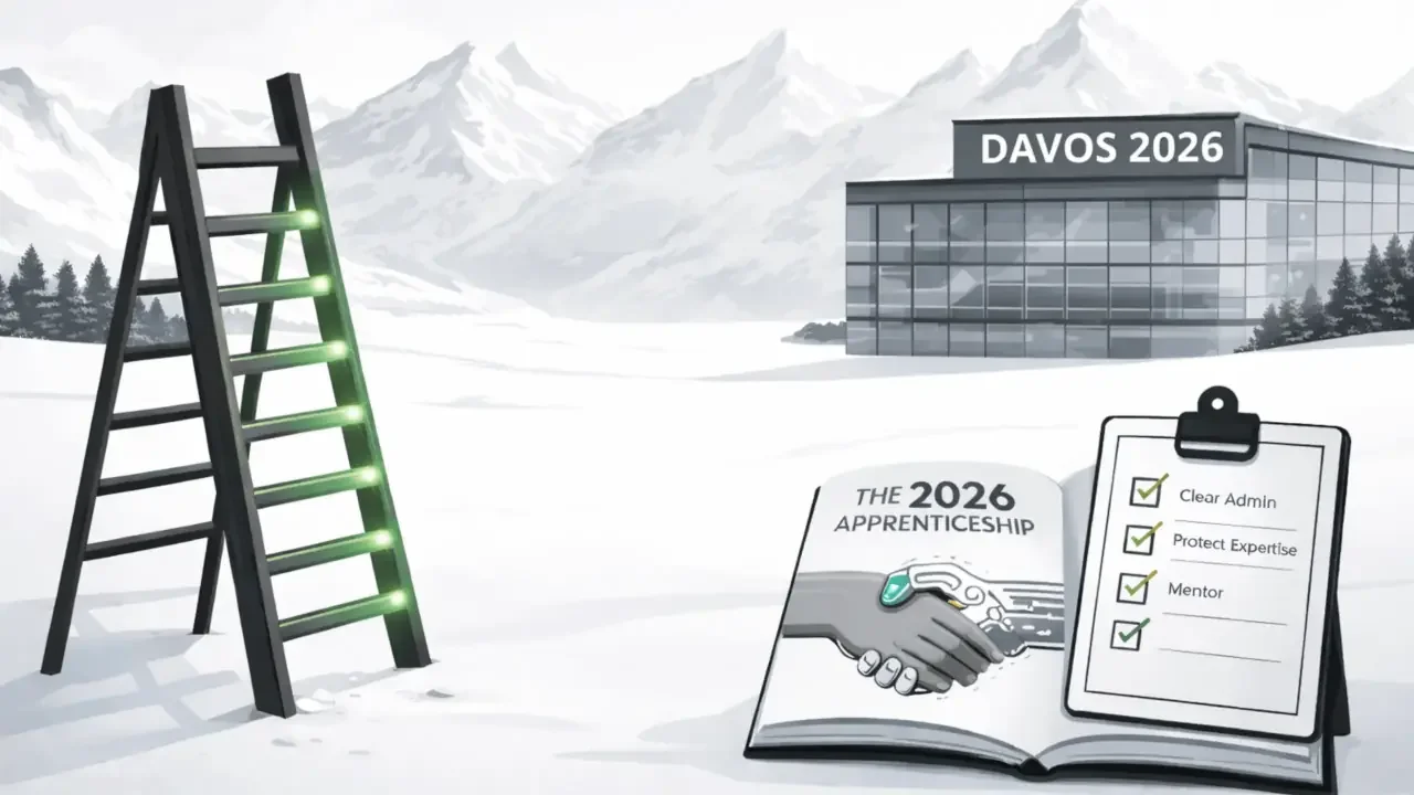 Snowy Davos 2026 scene: a ladder with glowing green rungs, a handshake between human and robot hands and a mentoring checklist.