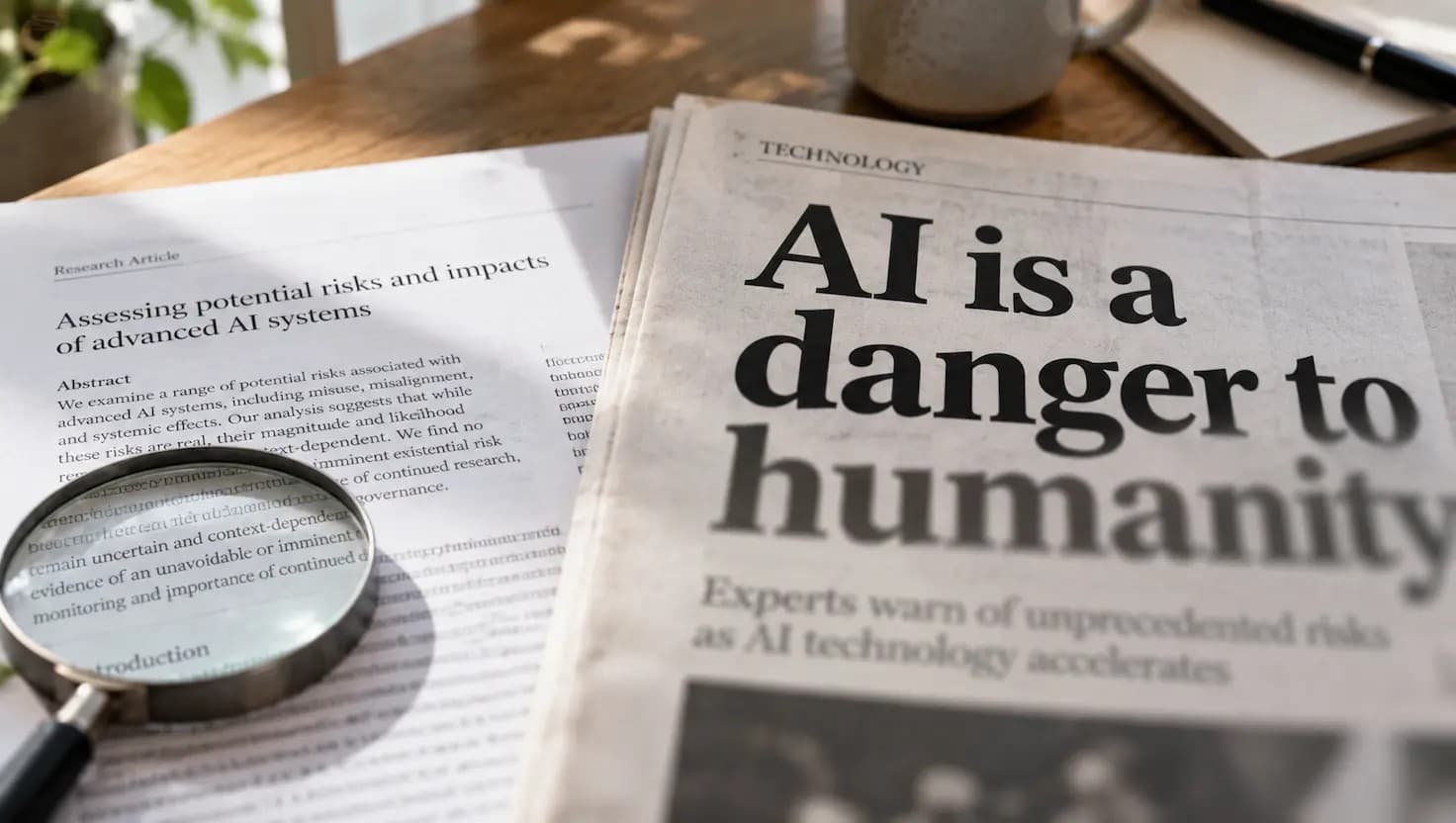 A magnifying glass over a research paper abstract sits beside a folded newspaper with the bold headline 'AI is a danger to humanity', on a wooden desk