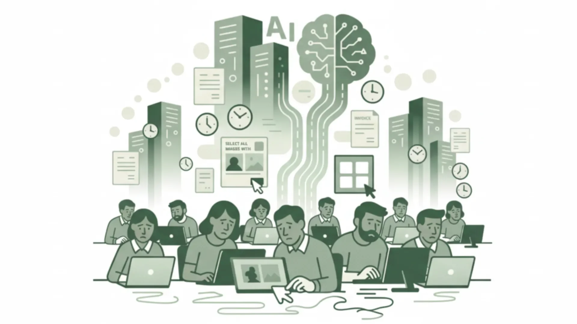 Muted green illustration of weary office workers at laptops beneath an AI circuit brain, clocks and captcha prompts.