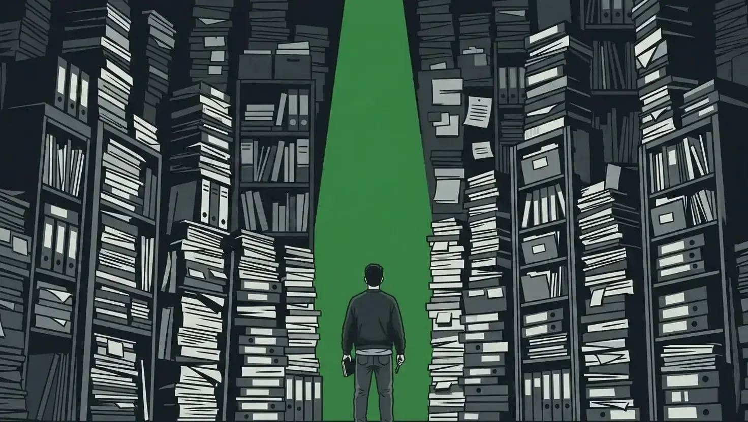 Figure stands in a green shaft of light between towering dark stacks of files, binders and paperwork.