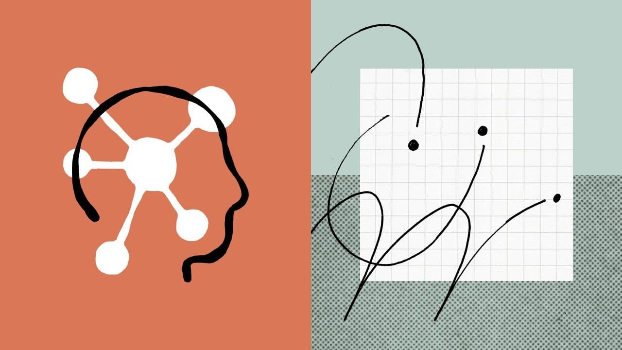 Abstract collage: white node network in an outlined head on terracotta, looping ink lines over graph paper on sage.