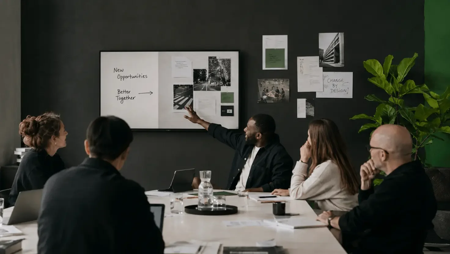 Team in a dark meeting room as a man points to a screen reading New Opportunities, Better Together.