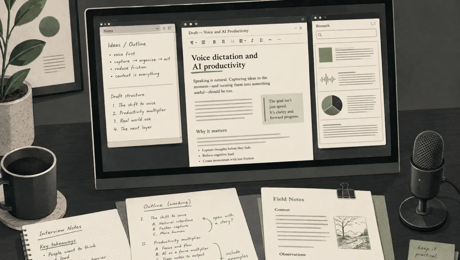 Illustrated desk with a draft titled Voice dictation and AI productivity on screen, notes and a microphone alongside.
