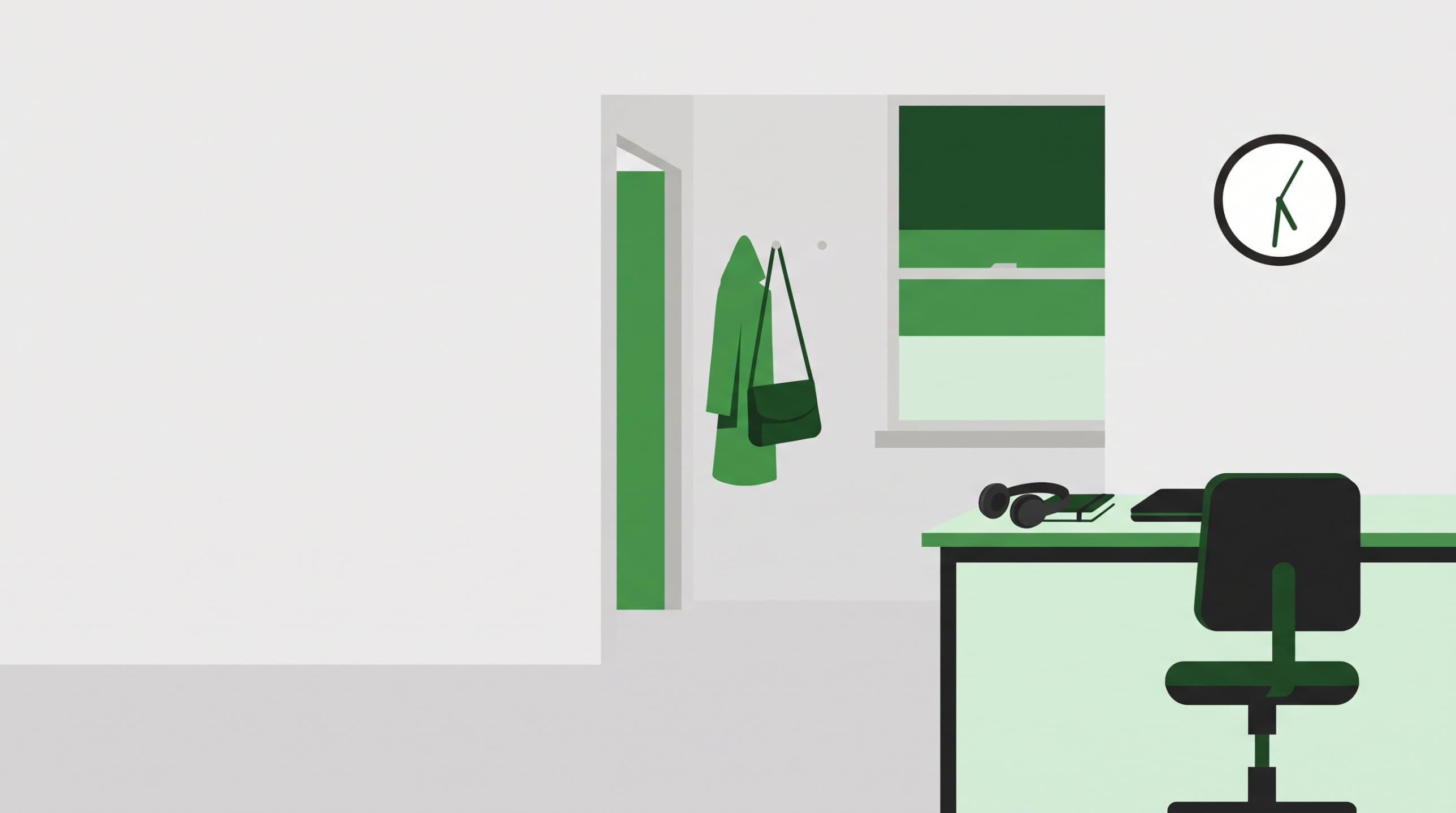 An empty office at the end of the day, with a coat and bag hanging by an open door and headphones, a notebook and a closed laptop left on the desk
