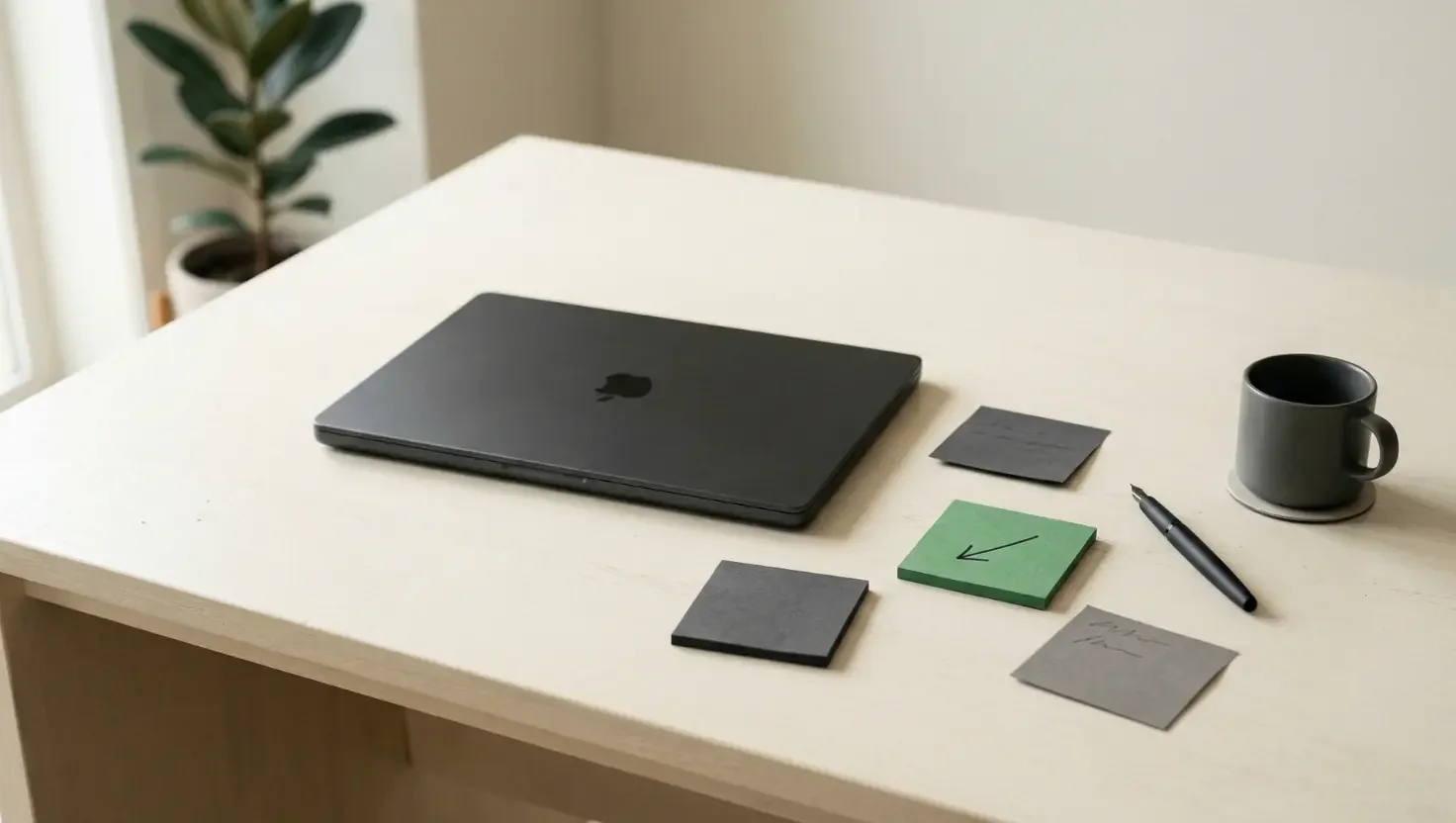 Closed laptop on a pale desk among dark sticky notes, one green note carrying a hand-drawn arrow, with pen and mug.